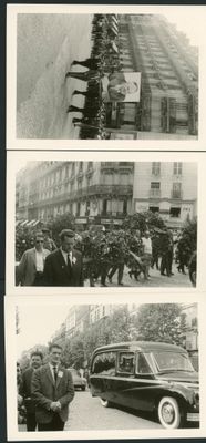 several black and white photos of people and cars on a city street