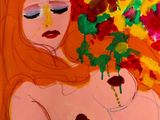 un tableau représentant une femme tenant un bouquet de fleurs