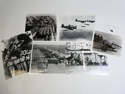 several black and white photos of military planes flying over an airfield