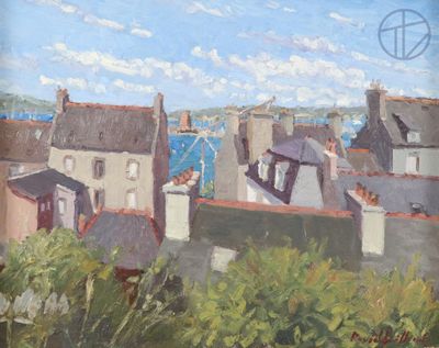 une peinture représentant une vue d'une ville depuis une colline