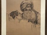 an old drawing of a man and a woman in a turban