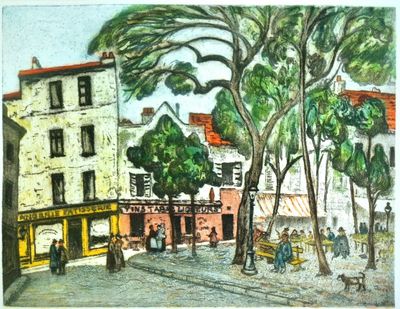 peinture représentant une scène de rue avec des personnages et des bâtiments en arrière-plan