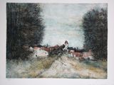 painting of a rural road with a church in the distance