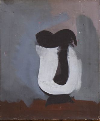 tableau représentant un vase noir et blanc posé sur une table en bois