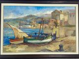 une peinture de bateaux sur la plage au bord de l'eau