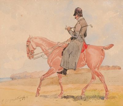 tableau représentant un homme à cheval dans un champ, avec le ciel en arrière-plan
