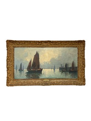painting of boats in the water with a sky background