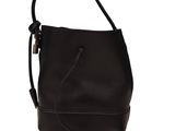 black leather handbag with strap on a white background