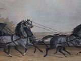 a painting of two horses pulling a carriage with a man on it