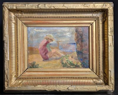 une peinture à l'huile représentant une femme assise sur une plage à côté d'un homme