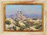 un tableau représentant un paysage de montagne avec un château au loin