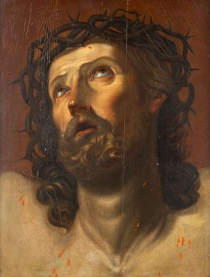 an oil painting of a man with a crown of thorns on his head