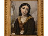 un tableau représentant une femme en robe marron, dans un cadre doré
