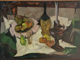 une peinture représentant une peinture d'un plateau de fruits et d'une bouteille posés sur une table