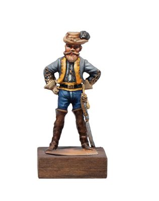 statue of a man with a hat and a gun on a wooden base
