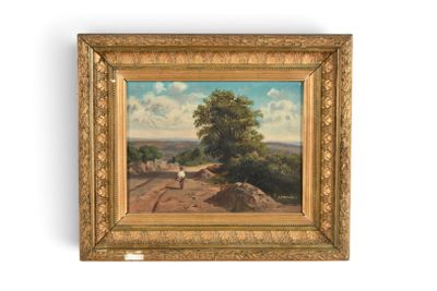 une peinture à l'huile représentant un paysage avec des moutons dans un champ