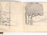 sketches of trees in a sketch book on a white surface