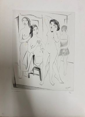 un dessin représentant un groupe de femmes debout dans une pièce