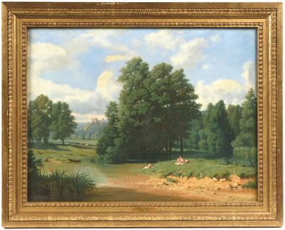 une image représentant une peinture de paysage avec des moutons au premier plan