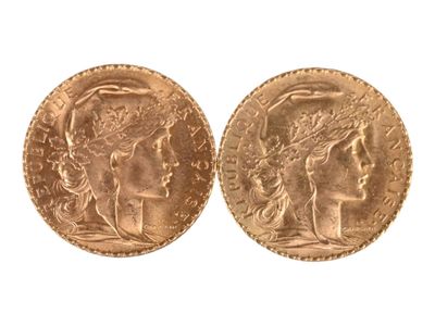 Deux pièces de vingt francs or au coq, 1908. Usures. - Photo 1