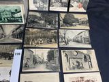 several old black and white photographs of a train and a train station