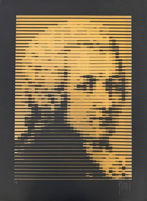 une affiche noire et dorée représentant le visage d'un homme