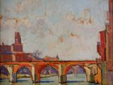 tableau représentant un pont sur une rivière, avec une tour horloge en arrière-plan