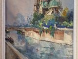 a picture of a painting of a castle on the water
