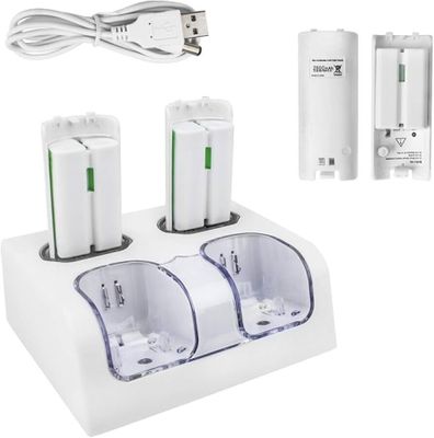 two batteries and a charger are sitting on a white surface