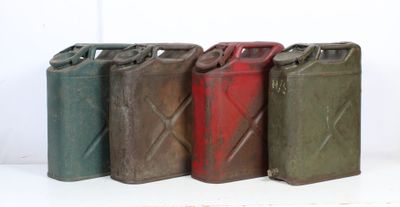 several different colors of gas cans lined up in a row
