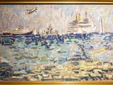 une peinture représentant un bateau sur l'eau, avec un oiseau qui vole au-dessus