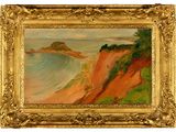 une image représentant une peinture d'une plage avec une falaise en arrière-plan