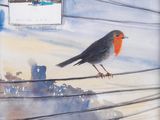 un tableau représentant un oiseau perché sur un fil