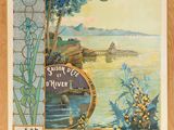 an old poster of a boat on the water in front of a building