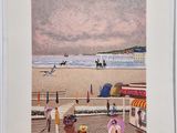 painting of a beach scene with umbrellas and people on the beach