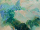 une peinture à l'huile représentant une fleur verte et bleue sur fond blanc