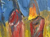 painting of three women walking in a field with a blue sky in the background