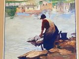 un tableau représentant un homme assis sur un rocher au bord de l'eau