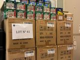 boxes of food are stacked on top of a counter in a kitchen