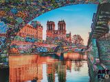 painting of a painting of a bridge over a river with a cathedral in the background