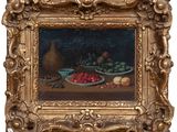 tableau représentant une nature morte avec des fruits sur une table et un panier de pommes