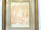 une vieille photo représentant un dessin d'une famille dans un salon