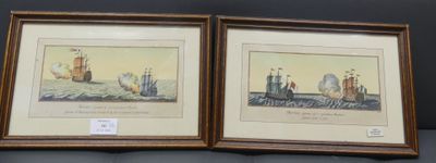 two framed prints of ships on display in a wooden frame