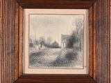 a pencil drawing of a farm scene in a wooden frame
