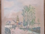 une image représentant une peinture d'une rue avec une église en arrière-plan