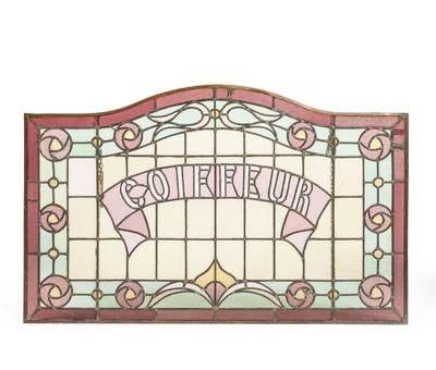 a stained glass window with the words coffee up on it