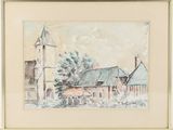 painting of a church with a steeple and a tree in the foreground