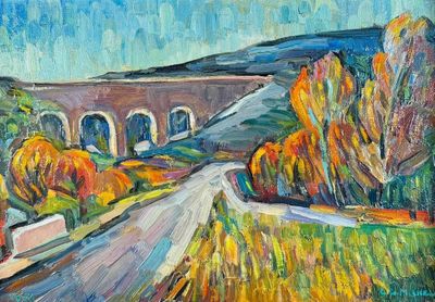 peinture représentant une peinture d'une route avec un pont en arrière-plan