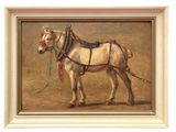 a painting of a white horse with a harness