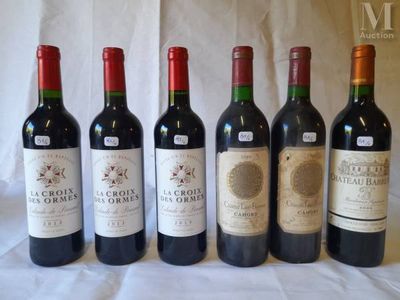 six bottles of wine are lined up on a table